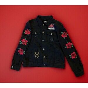 Rebel Star Streetwear Y2K Black Rose Spider Bones Denim Grunge Jacket Sz Mens Lg